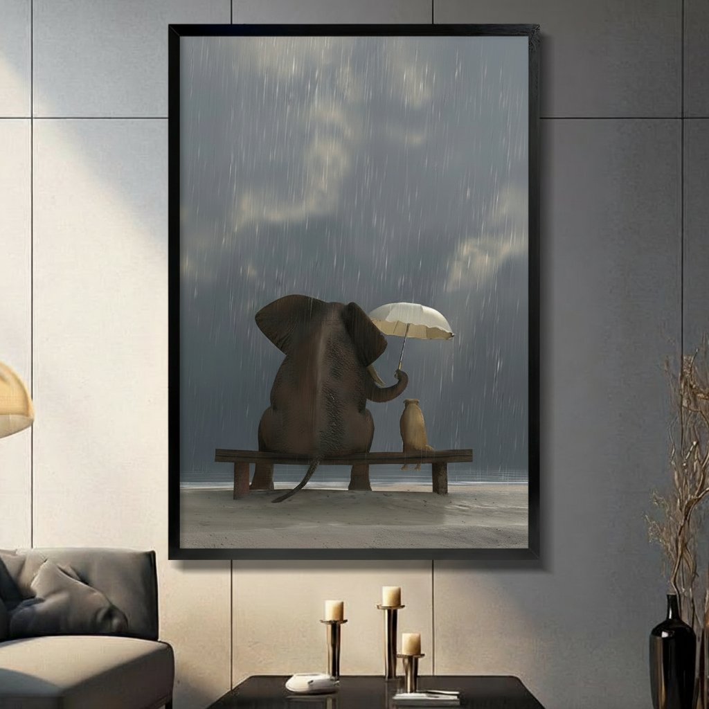 Elephant and dog sitting on a bench in the rain under a white umbrella, framed canvas wall art with black frame in modern living room