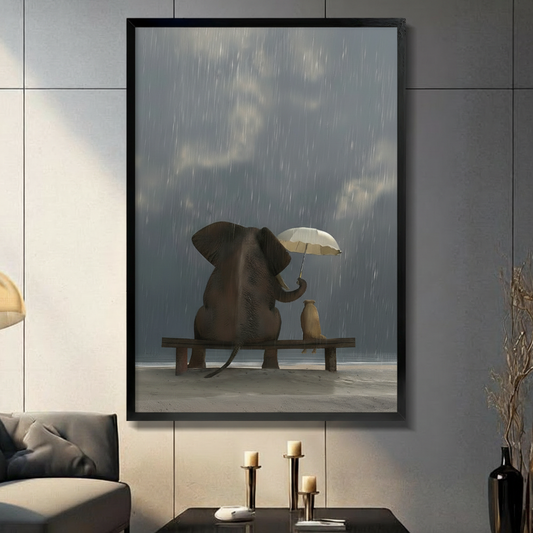 Elephant and dog sitting on a bench in the rain under a white umbrella, framed canvas wall art with black frame in modern living room