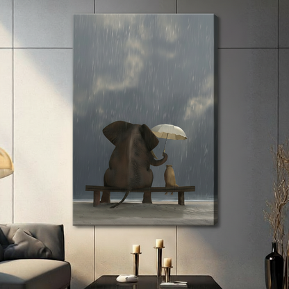 Frameless canvas print of elephant holding umbrella over small dog on a rainy bench, displayed in a contemporary living room setting