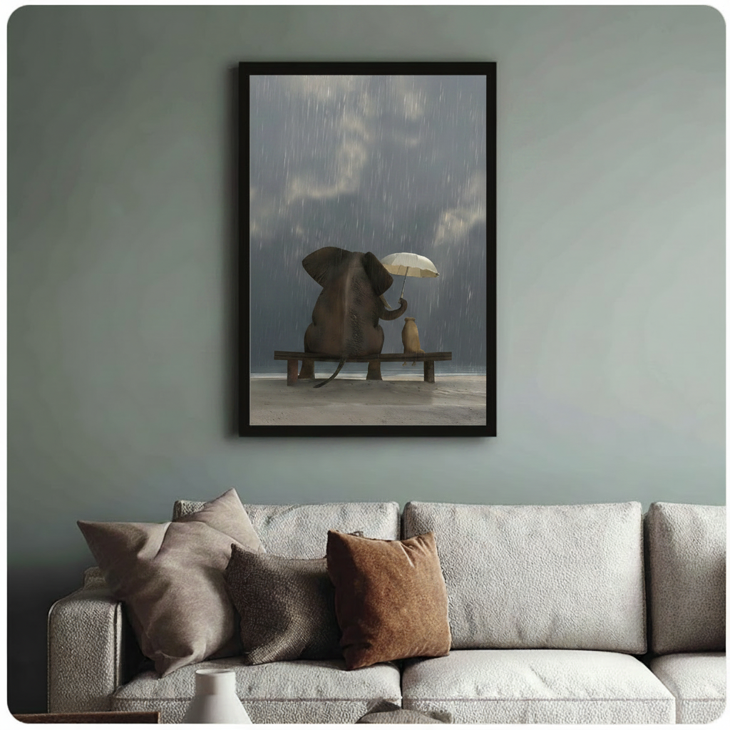 Black framed elephant and dog rain art print hanging above a neutral sofa, warm living room wall decor with emotional animal illustration