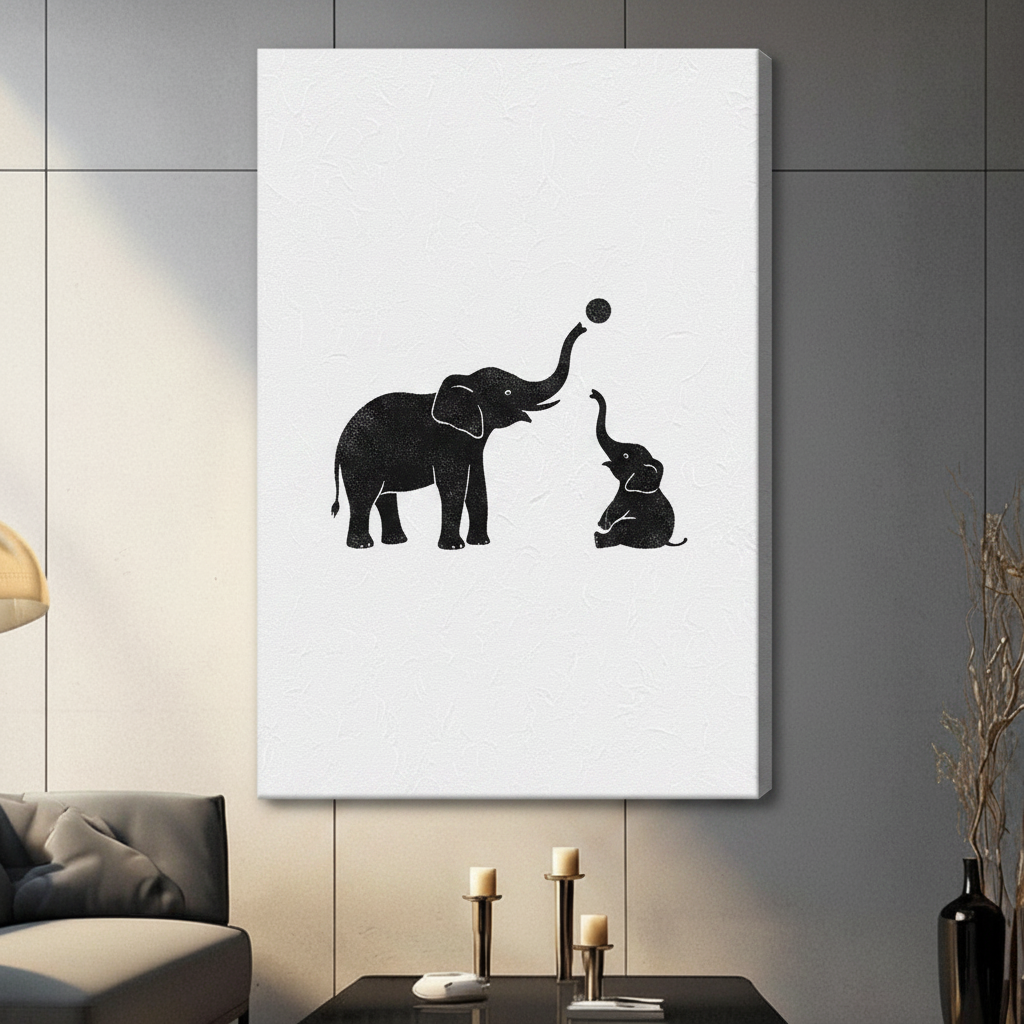 Unframed canvas print featuring black and white minimalist elephant mother and calf silhouette, hung on grey living room wall