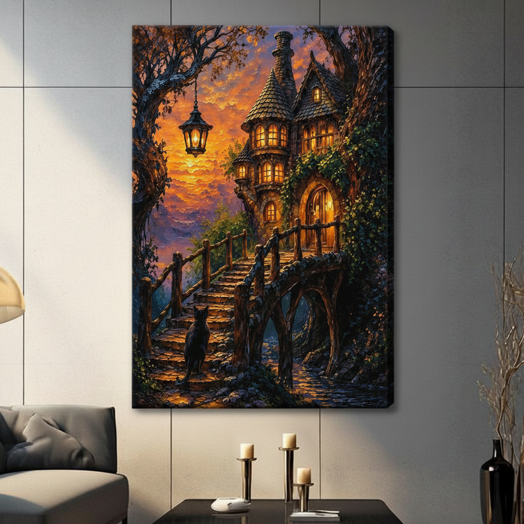 Canvas wrap wall art of a magical forest cottage with ivy-covered towers, a black cat on a wooden bridge stairway, and a dramatic orange and purple sunset sky