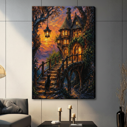 Canvas wrap wall art of a magical forest cottage with ivy-covered towers, a black cat on a wooden bridge stairway, and a dramatic orange and purple sunset sky