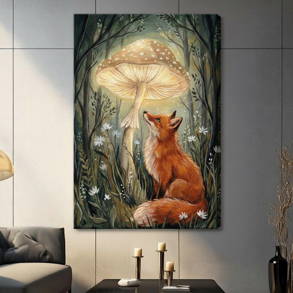 Whimsical fox under giant mushroom canvas wall art print hanging in a bright modern living room with light neutral walls