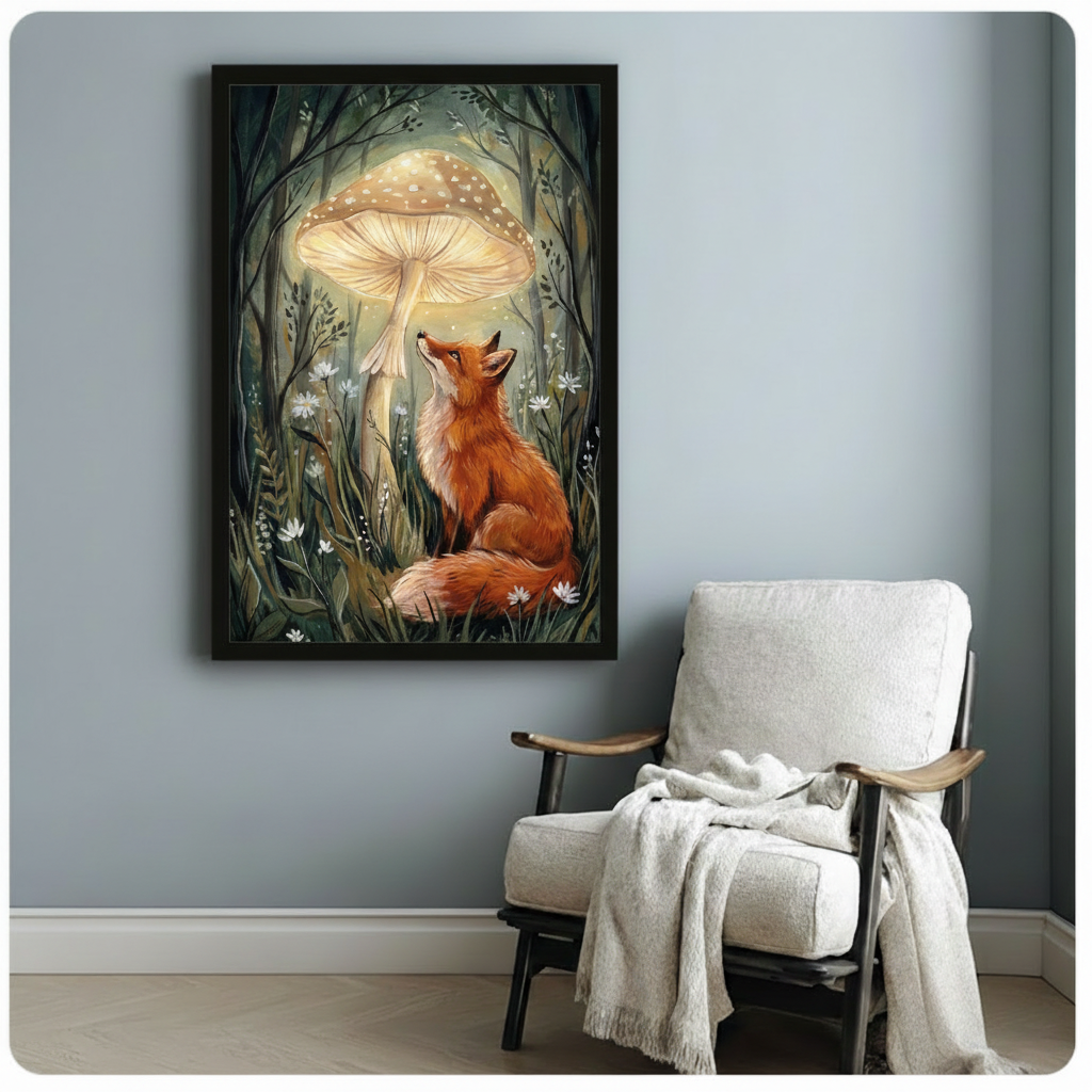 Magical fox and mushroom forest framed art poster above a white linen accent chair against a soft blue-gray wall