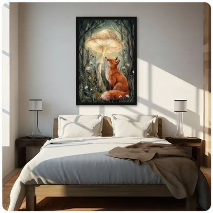 Enchanted forest fox and glowing mushroom framed art print hanging above a modern bedroom bed with white linen bedding, wooden nightstands, and table lamps