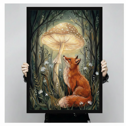 Fairy tale fox mushroom botanical framed wall art print held up against a light gray neutral background