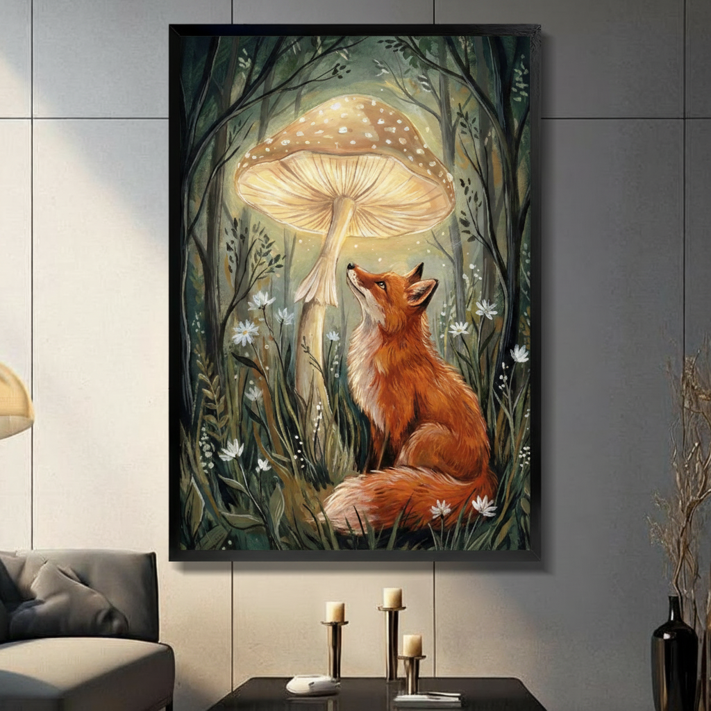 Enchanted fox and glowing mushroom framed wall art print displayed in a dark moody living room with a black sofa, candle holders, and decorative vase