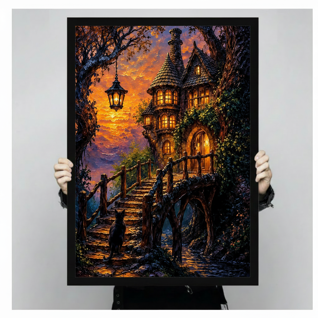 Person holding a large fantasy art print of a mystical glowing cottage with black cat, wooden bridge stairs and lantern under a vivid orange sunset sky, showcasing print size and detail