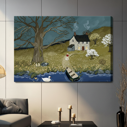 Stretched canvas print of English countryside cottage with bare tree and swan, unframed wall art in modern living room