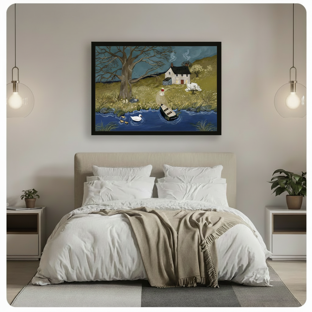 Framed English countryside cottage painting with rowboat and swan above bed, cozy bedroom wall art decor