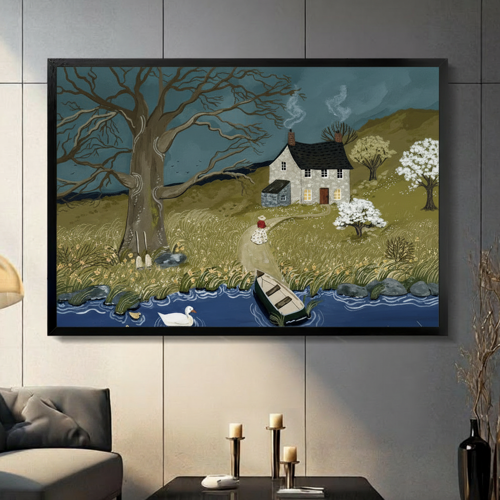 English countryside cottage wall art in black frame, moody folk painting with swan and rowboat displayed in dark living room