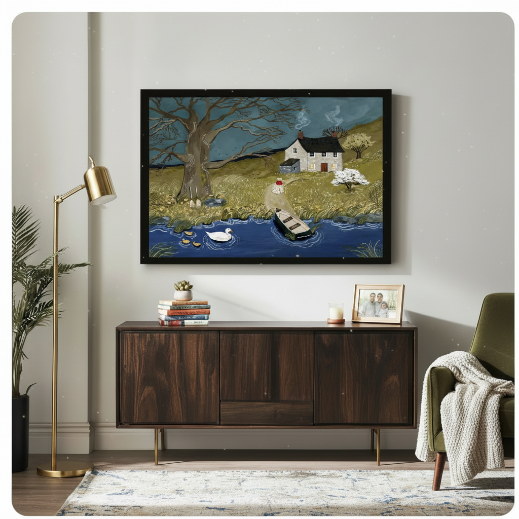 English countryside cottage folk art in black frame above wooden sideboard, nature landscape wall art for living room