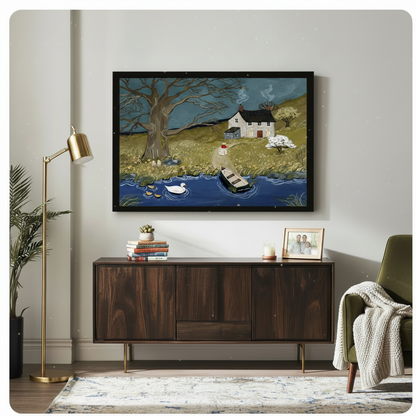 English countryside cottage folk art in black frame above wooden sideboard, nature landscape wall art for living room