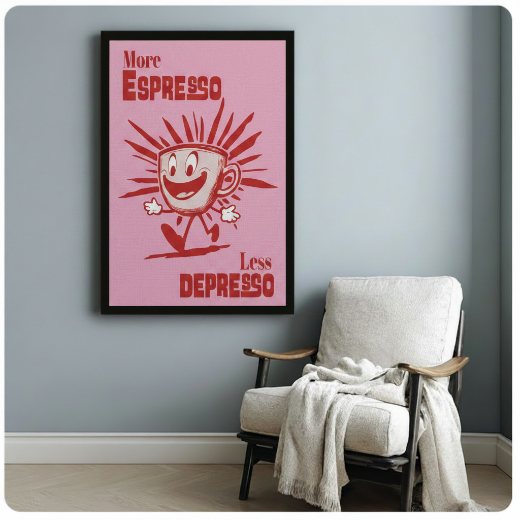 More Espresso Less Depresso framed wall print in pink and red beside a cozy armchair