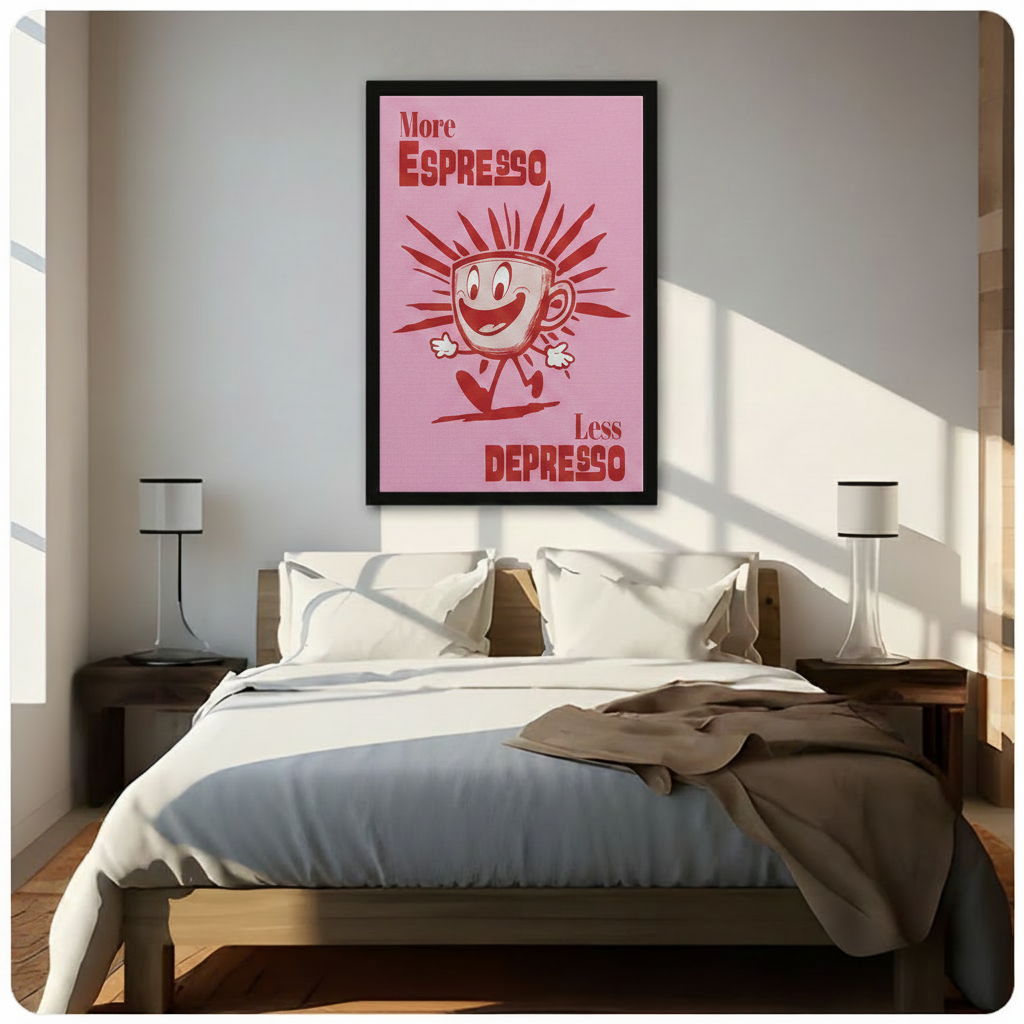 More Espresso Less Depresso pink retro poster framed in black hanging above a bedroom bed