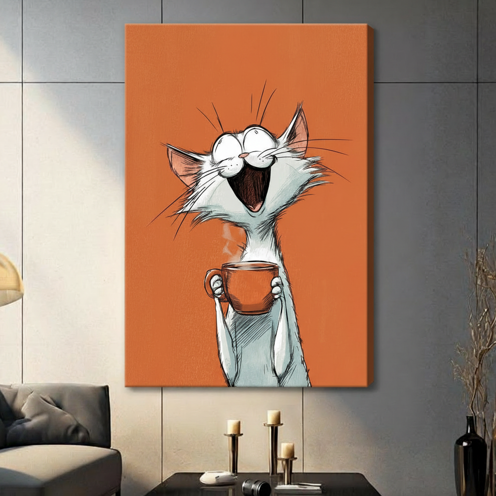 Whimsical sketch illustration of an overjoyed white cat with oversized round eyes a wide laughing mouth and spiky whiskers clutching a steaming orange coffee mug with both paws on a bold orange-red background fun cat wall art stretched canvas in a living room with dark gray panel wall dark sofa and black vase