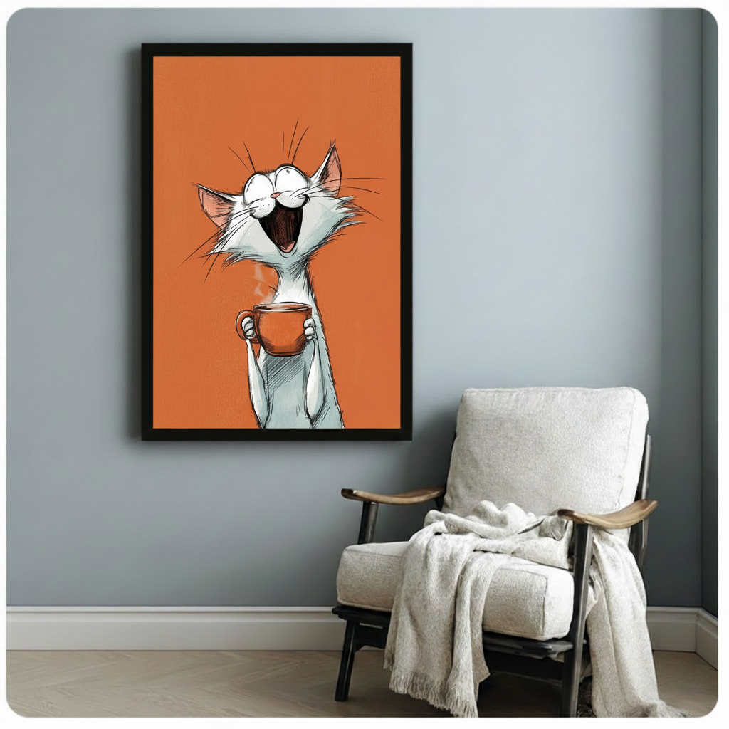 Whimsical sketch illustration of an ecstatic white cat standing upright with wide round eyes a huge open-mouthed grin and wild whiskers holding a steaming orange coffee cup with both paws against a bold solid orange-red background funny cat wall art framed print beside a white linen armchair on a blue-gray wall
