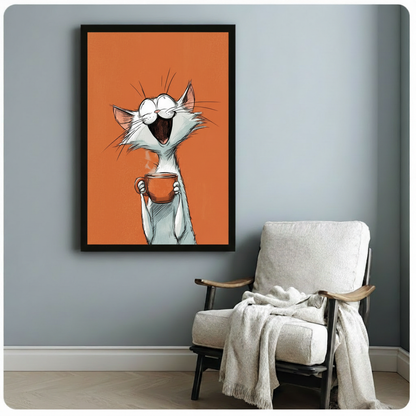 Whimsical sketch illustration of an ecstatic white cat standing upright with wide round eyes a huge open-mouthed grin and wild whiskers holding a steaming orange coffee cup with both paws against a bold solid orange-red background funny cat wall art framed print beside a white linen armchair on a blue-gray wall
