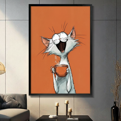 Whimsical sketch illustration of an ecstatic fluffy white cat with giant round eyes a wide open laughing mouth and exaggerated whiskers holding a steaming orange coffee cup with both front paws upright against a flat bold orange-red background quirky cat wall art framed print in a living room with dark gray panel wall dark sofa and black vase