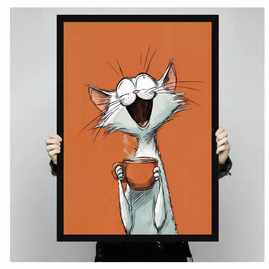 Whimsical sketch illustration of a wildly excited white cat standing upright with enormous round eyes a gaping joyful mouth and long whiskers shooting outward cradling a hot orange coffee cup against a vivid solid orange-red background hilarious cat wall art framed print held against a light gray background