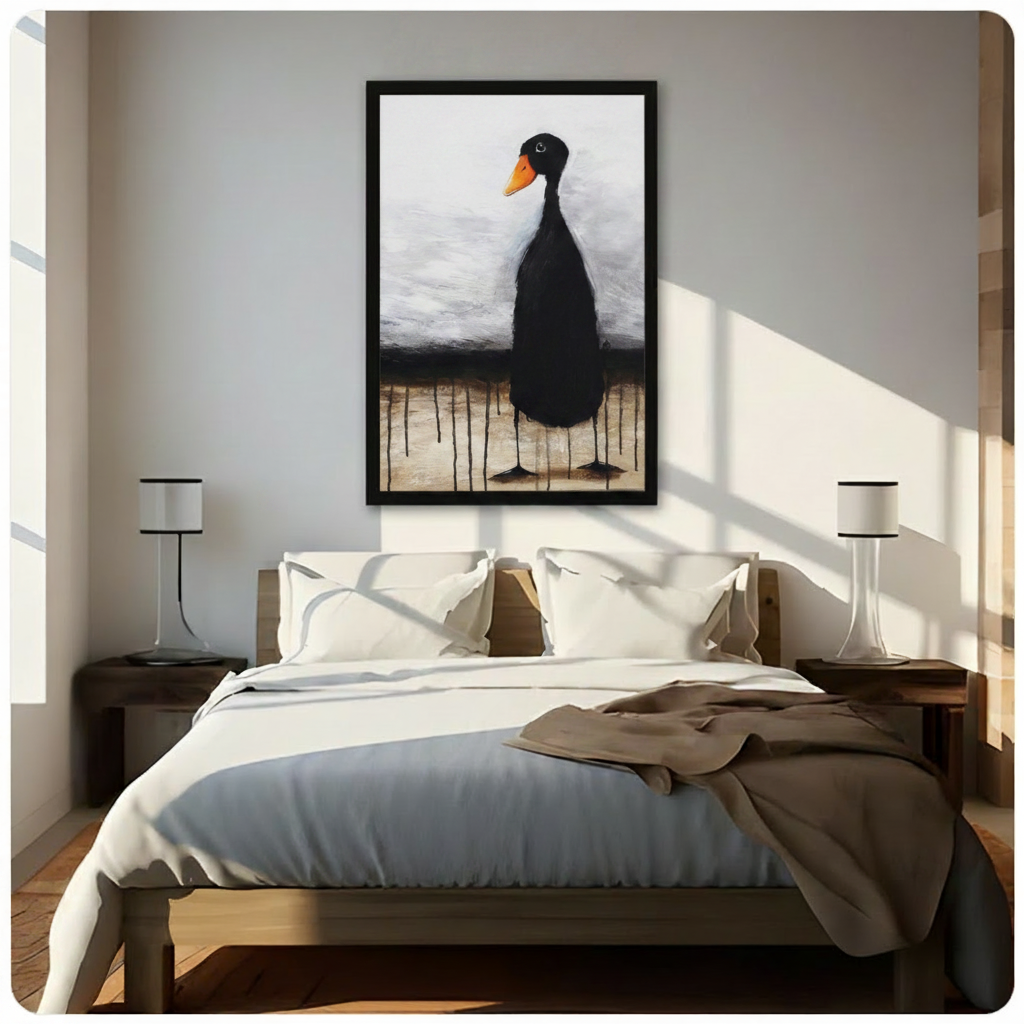 Black framed expressionist black duck with orange beak canvas art with a solitary tall thin black duck with a vivid orange beak and tiny curious eye on long spindly legs with dark paint drips running down and pooling at its feet against a textured moody gray sky and warm sandy beige ground in expressive oil-paint style, hung above a dark wood bed with white linen bedding in a sunlit minimal bedroom