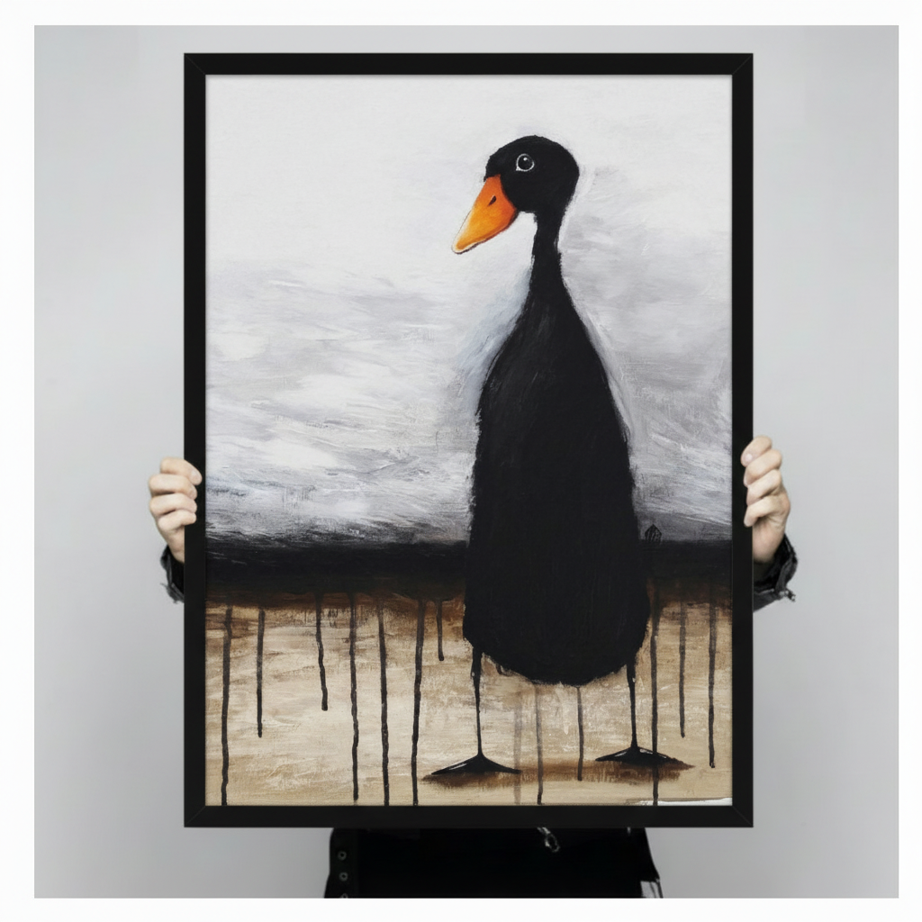 Hands holding a large black framed expressionist black duck with orange beak canvas art print with a tall slender black duck with a bright orange beak and small round eye standing on thin spindly legs with dramatic dark paint drips pooling beneath on a moody brushed gray and warm sandy beige oil-painted background