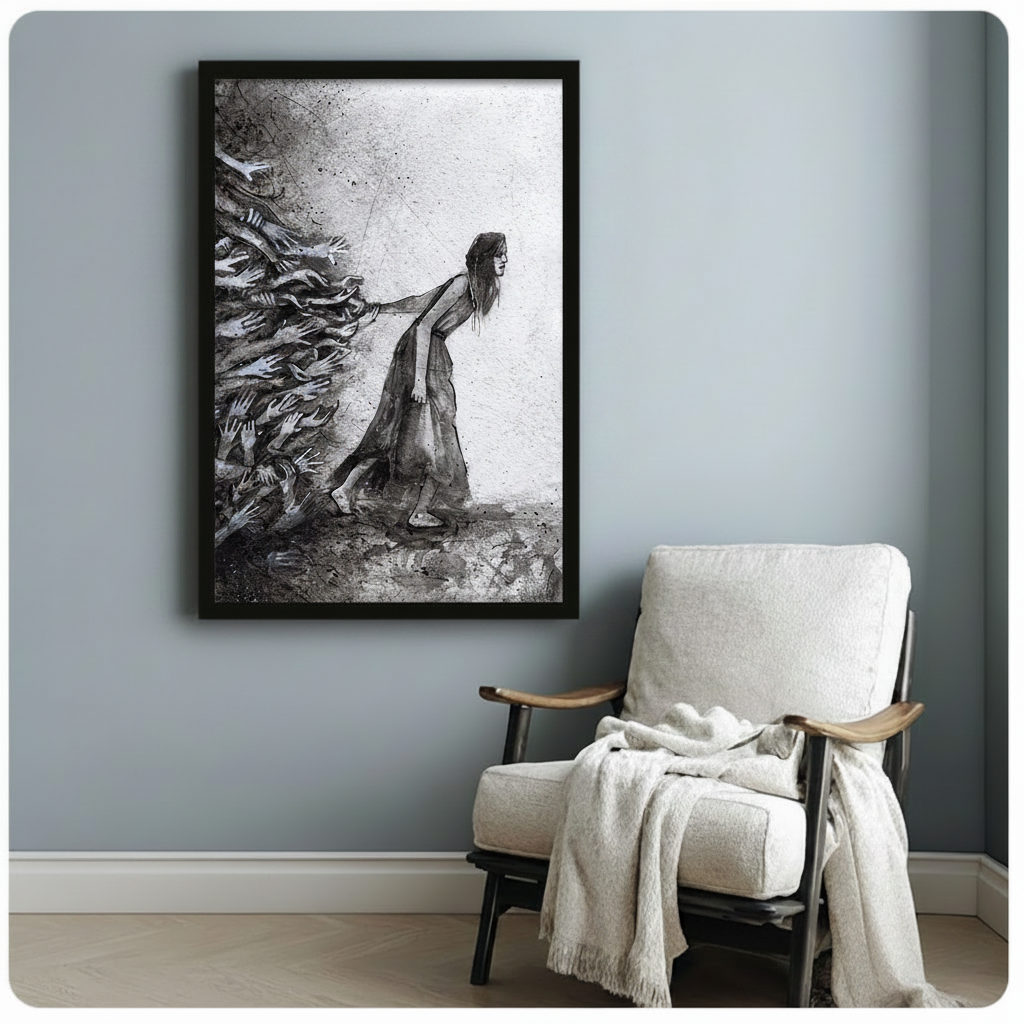 Framed expressionist black and white ink painting long-haired woman in flowing dark dress leaning forward with arm outstretched pushing back a surging mass of grasping phantom hands emerging from the left with ink splatter marks on silver grey textured background canvas print on pale blue-grey wall beside white wood arm accent chair with draped cream linen throw blanket - dramatic woman pushing hands black white wall art for cozy reading nook decor