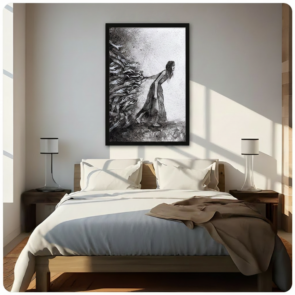 Framed expressionist black and white ink painting long-haired woman in flowing dark dress leaning forward with arm outstretched pushing back a surging mass of grasping phantom hands emerging from the left with ink splatter marks on silver grey textured background canvas print above dark walnut platform bed with white linen duvet and caramel throw in sunlit minimalist bedroom with twin slim cylindrical table lamps on wooden nightstands - dramatic woman pushing hands black white wall art for contemporary bedr