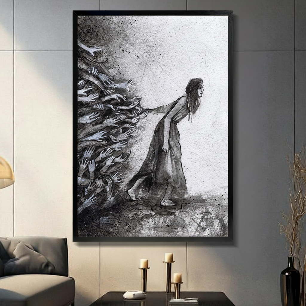 Framed expressionist black and white ink painting long-haired woman in flowing dark dress leaning forward with arm outstretched pushing back a surging mass of grasping phantom hands emerging from the left with ink splatter marks on silver grey textured background canvas print on dark grey tile wall in modern living room with charcoal sofa and brass candlestick holders on coffee table - dramatic woman pushing hands black white wall art for contemporary home decor