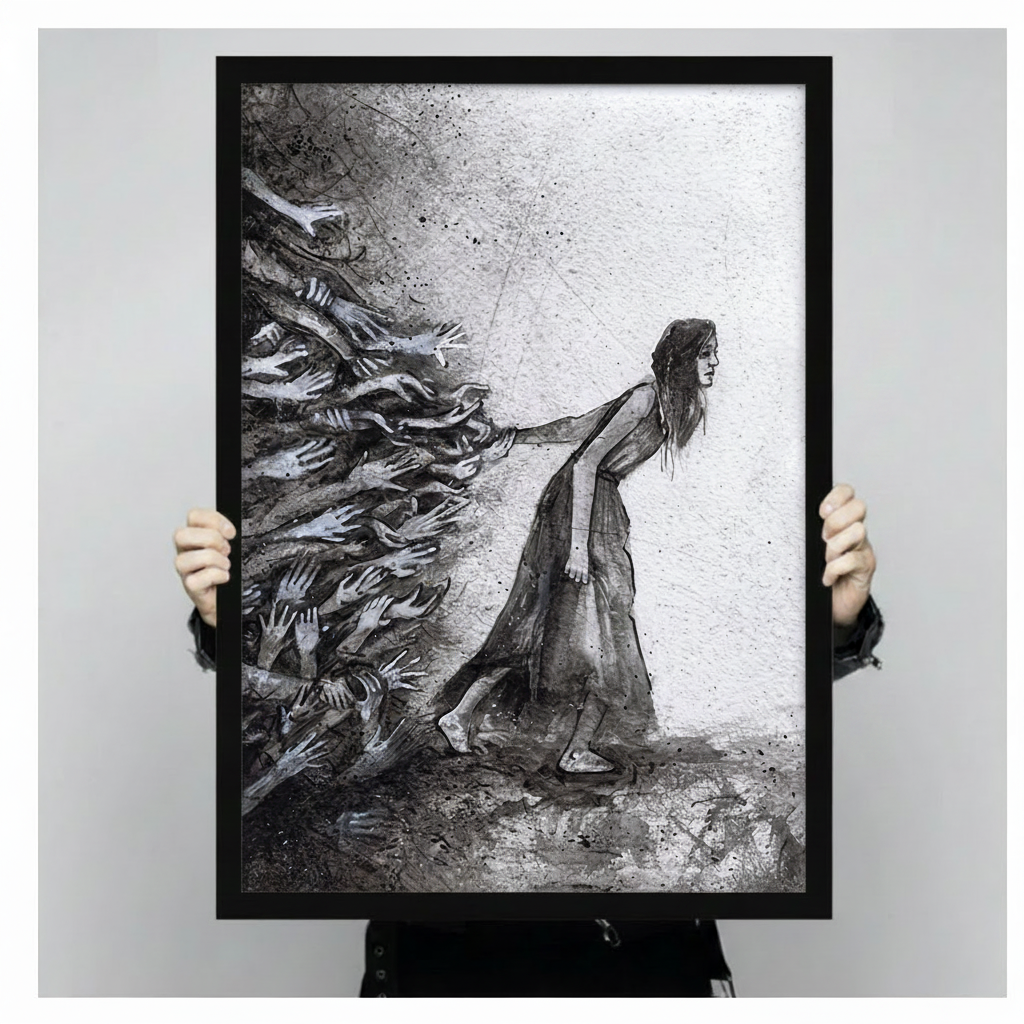 Person holding large framed expressionist black and white ink painting solitary woman with long dark hair in draped grey dress straining forward arm extended resisting a turbulent wave of reaching ghostly hands surging from the left side with scattered ink droplets on brushed silver grey textured background canvas print with both hands against light grey background - close up size reference of powerful woman pushing hands black white wall art with black frame finish