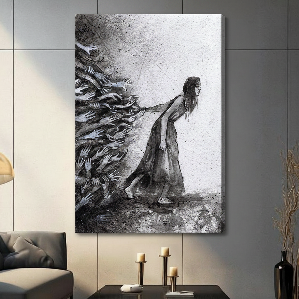 Unframed expressionist black and white ink painting solitary woman with long dark hair in draped grey dress straining forward arm extended resisting a turbulent wave of reaching ghostly hands surging from the left side with scattered ink droplets on brushed silver grey textured background canvas print on dark grey tile wall in contemporary living room with charcoal sofa and pillar candles - powerful woman pushing hands black white wall art for modern interior decor