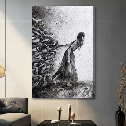 Unframed expressionist black and white ink painting solitary woman with long dark hair in draped grey dress straining forward arm extended resisting a turbulent wave of reaching ghostly hands surging from the left side with scattered ink droplets on brushed silver grey textured background canvas print on dark grey tile wall in contemporary living room with charcoal sofa and pillar candles - powerful woman pushing hands black white wall art for modern interior decor