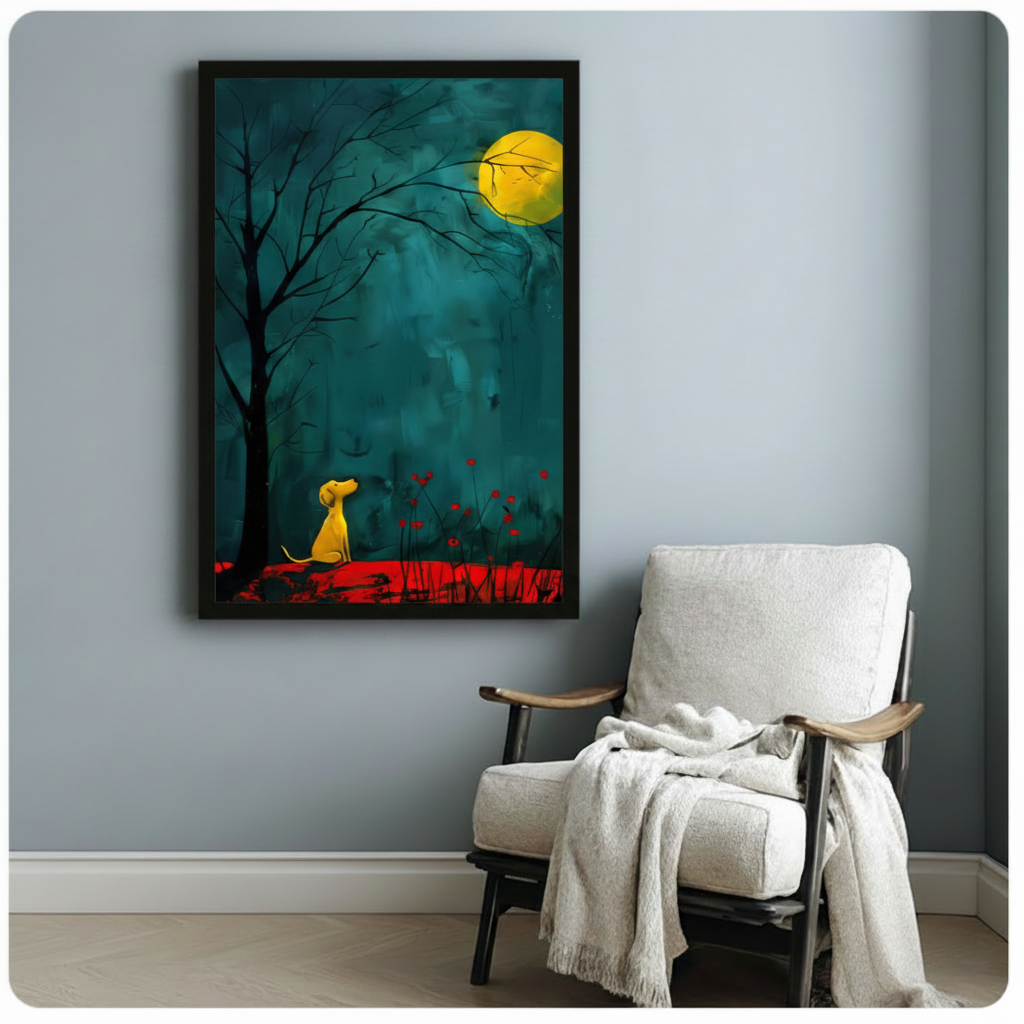 Black framed modern expressionist oil painting small golden yellow puppy looking upward at bright yellow full moon among bare winter tree branches with scattered red poppies on moody deep teal textured background canvas print on pale blue-grey wall beside white wood arm accent chair with draped cream throw - dreamy yellow dog moongazing night scene wall art for cozy reading nook decor