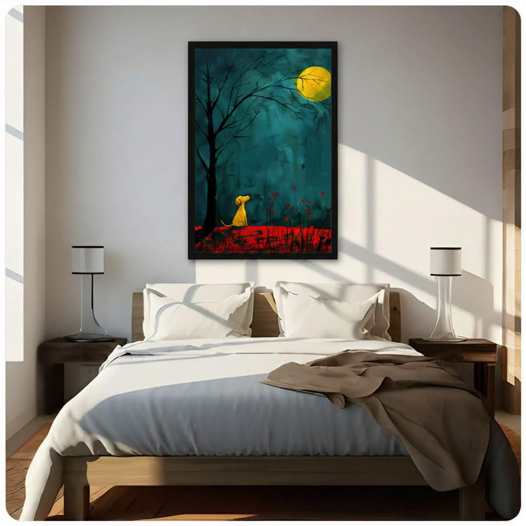 Framed modern expressionist oil painting small golden yellow puppy looking upward at bright yellow full moon among bare winter tree branches with scattered red poppies on moody deep teal textured background canvas print above dark walnut bed with white linen in sunlit minimalist bedroom with twin slim table lamps - dreamy yellow dog moongazing night scene wall art for contemporary bedroom decor