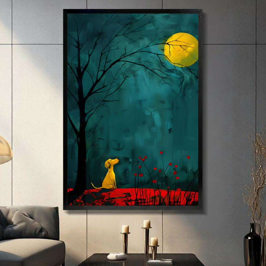 Framed modern expressionist oil painting golden yellow dog sitting alone gazing up at large glowing full moon beside bare black tree silhouette with red wildflowers on deep teal brushstroke background canvas print on light grey tile wall in modern living room - atmospheric yellow dog moongazing night scene wall art for contemporary home decor