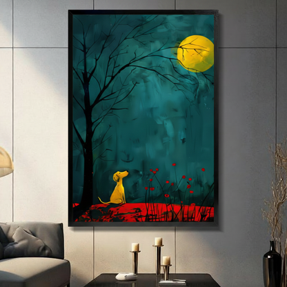 Framed modern expressionist oil painting golden yellow dog sitting alone gazing up at large glowing full moon beside bare black tree silhouette with red wildflowers on deep teal brushstroke background canvas print on light grey tile wall in modern living room - atmospheric yellow dog moongazing night scene wall art for contemporary home decor