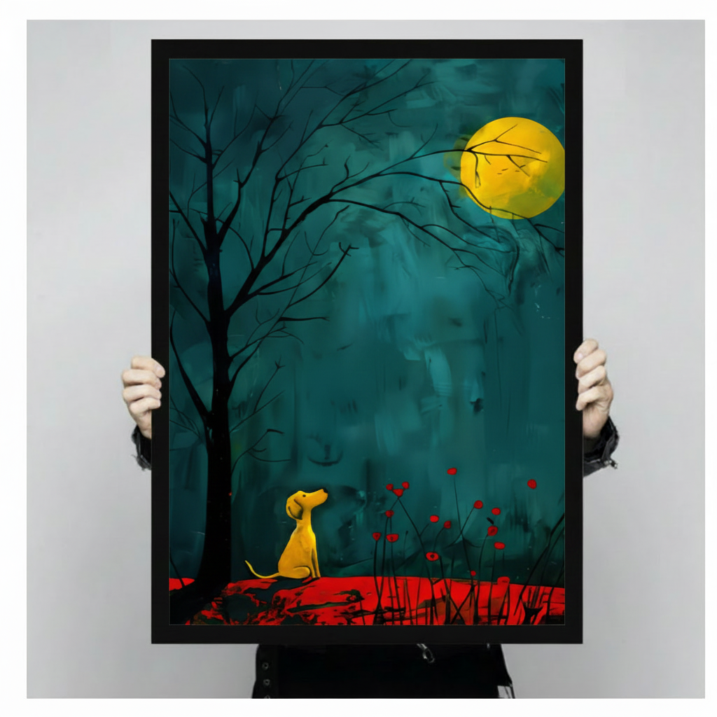 Person holding large framed modern expressionist oil painting golden yellow dog sitting alone gazing up at large glowing full moon beside bare black tree silhouette with red wildflowers on deep teal brushstroke background canvas print with both hands - close up size reference of atmospheric yellow dog moongazing night scene wall art with black frame finish