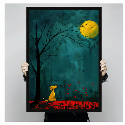 Person holding large framed modern expressionist oil painting golden yellow dog sitting alone gazing up at large glowing full moon beside bare black tree silhouette with red wildflowers on deep teal brushstroke background canvas print with both hands - close up size reference of atmospheric yellow dog moongazing night scene wall art with black frame finish