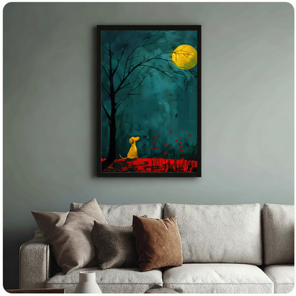 Framed modern expressionist oil painting golden yellow dog sitting alone gazing up at large glowing full moon beside bare black tree silhouette with red wildflowers on deep teal brushstroke background canvas print on sage blue-grey wall above cream textured sofa with mixed throw pillows - atmospheric yellow dog moongazing night scene wall art for stylish living room decor