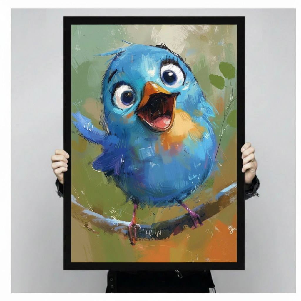 Framed canvas art print of excited blue bird with open mouth and big eyes on green background, held up showing full artwork detail and black frame
