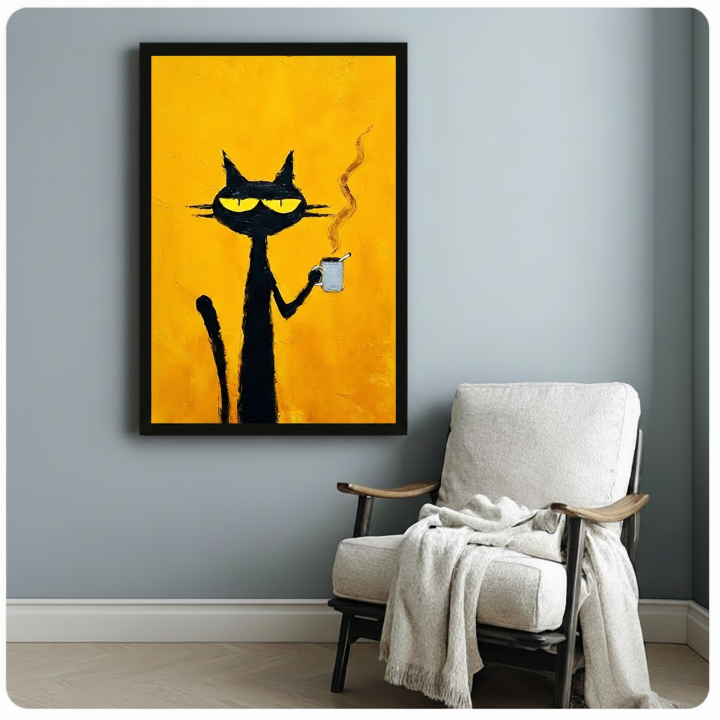 Black framed canvas print of a tall slender black cat with piercing yellow eyes holding a steaming coffee mug in expressive oil painting style on bold amber yellow background, hung on a blue-gray wall above a white wood-framed armchair with a cream throw blanket