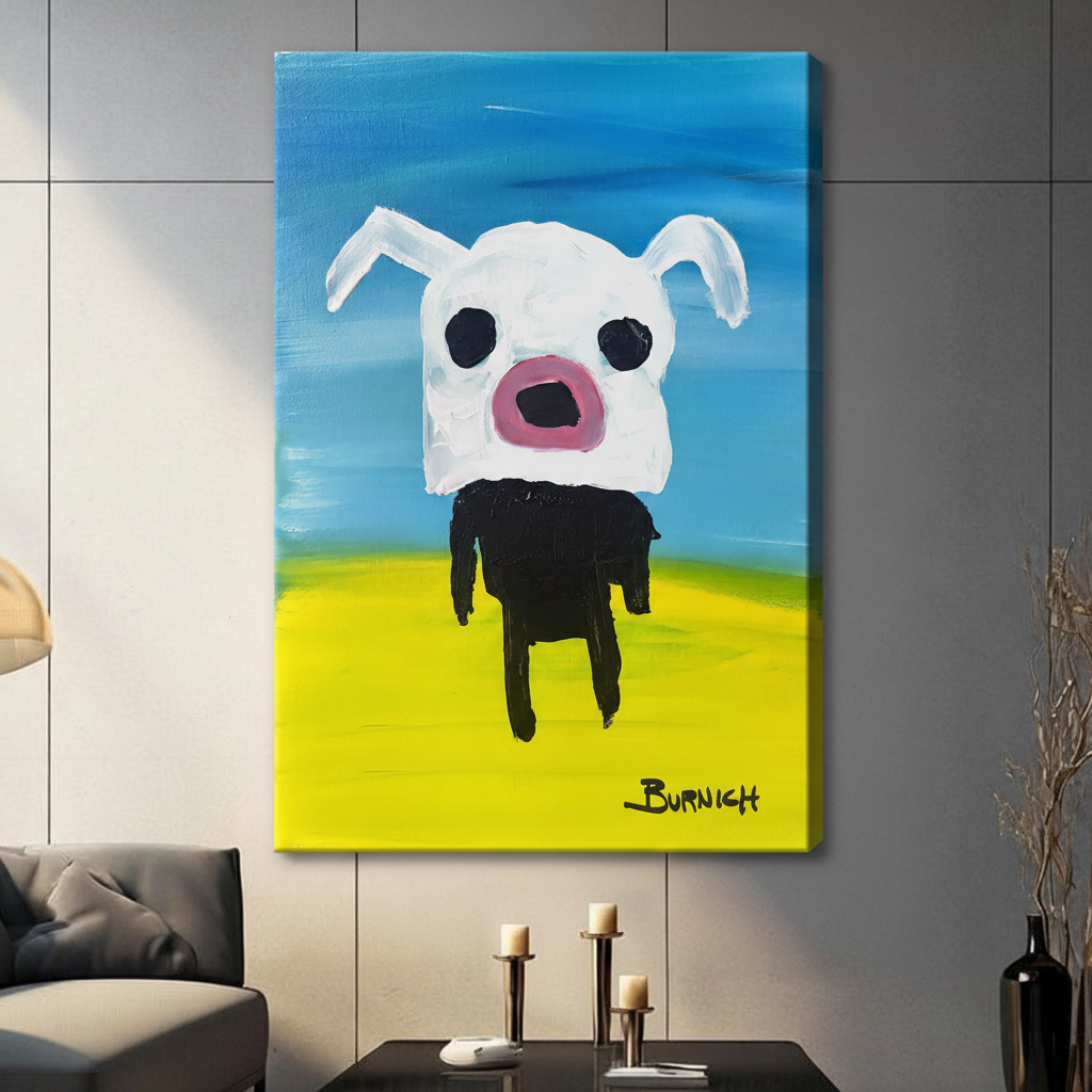 Gallery wrap canvas print featuring a bold expressive white dog with dark round eyes, pink open mouth, and black body on a bright blue and yellow background, signed Burnich, hung on a grey wall