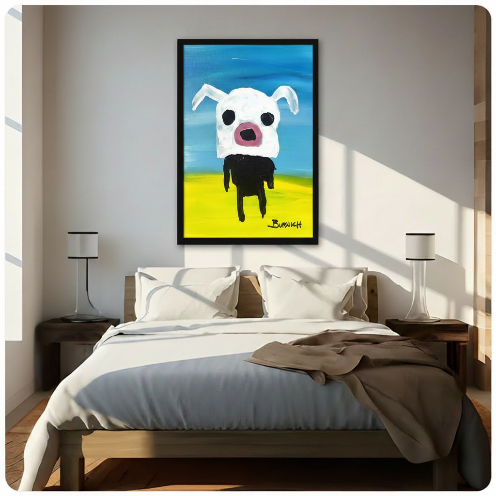 Large black framed canvas of a bold expressive white dog with floppy ears and pink snout on a bright blue and yellow background, signed Burnich, displayed above a wooden bed as bedroom wall art