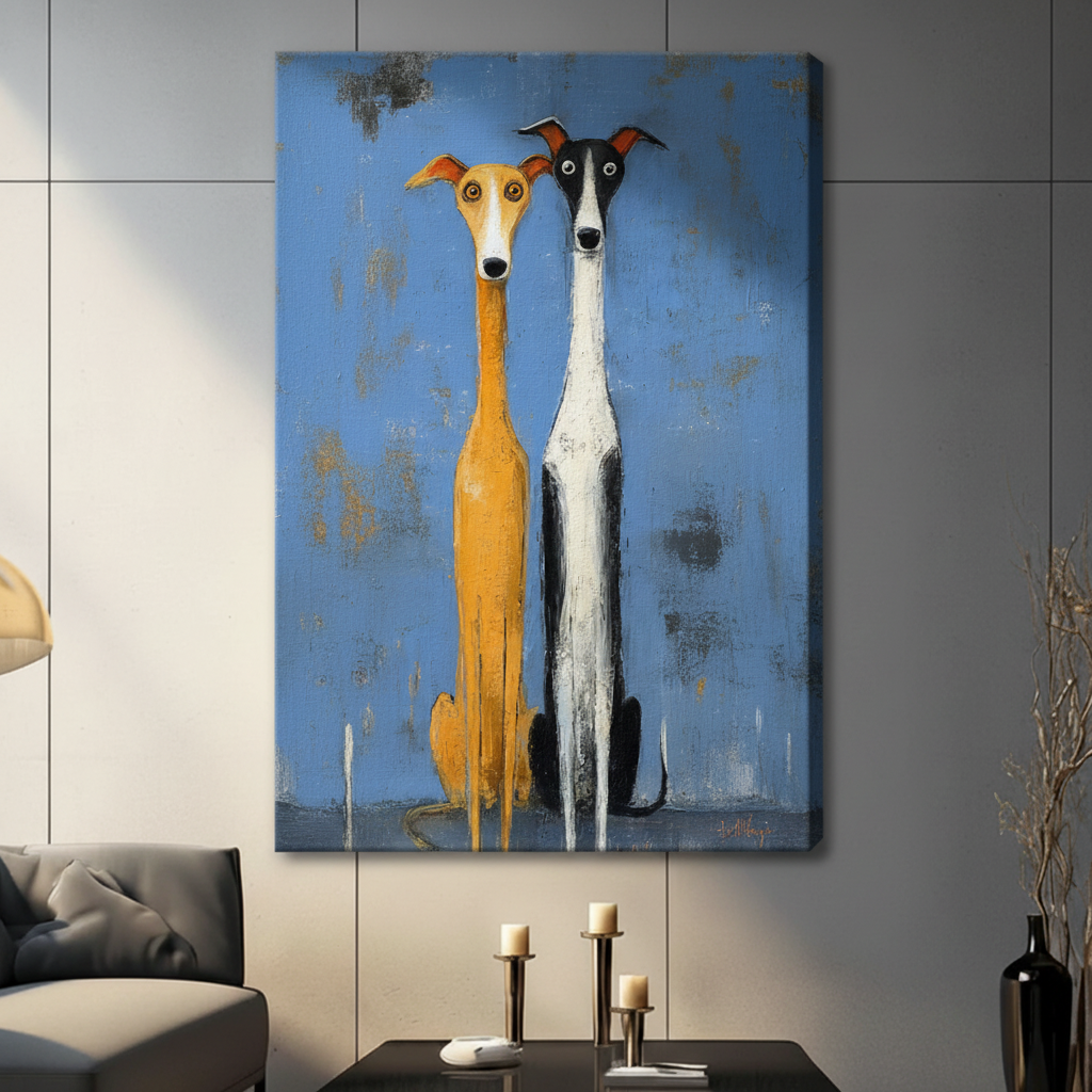 Two greyhound dogs folk art stretched canvas wall art on dark textured tile — gallery wrap frameless print