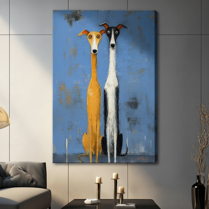 Two greyhound dogs folk art stretched canvas wall art on dark textured tile — gallery wrap frameless print