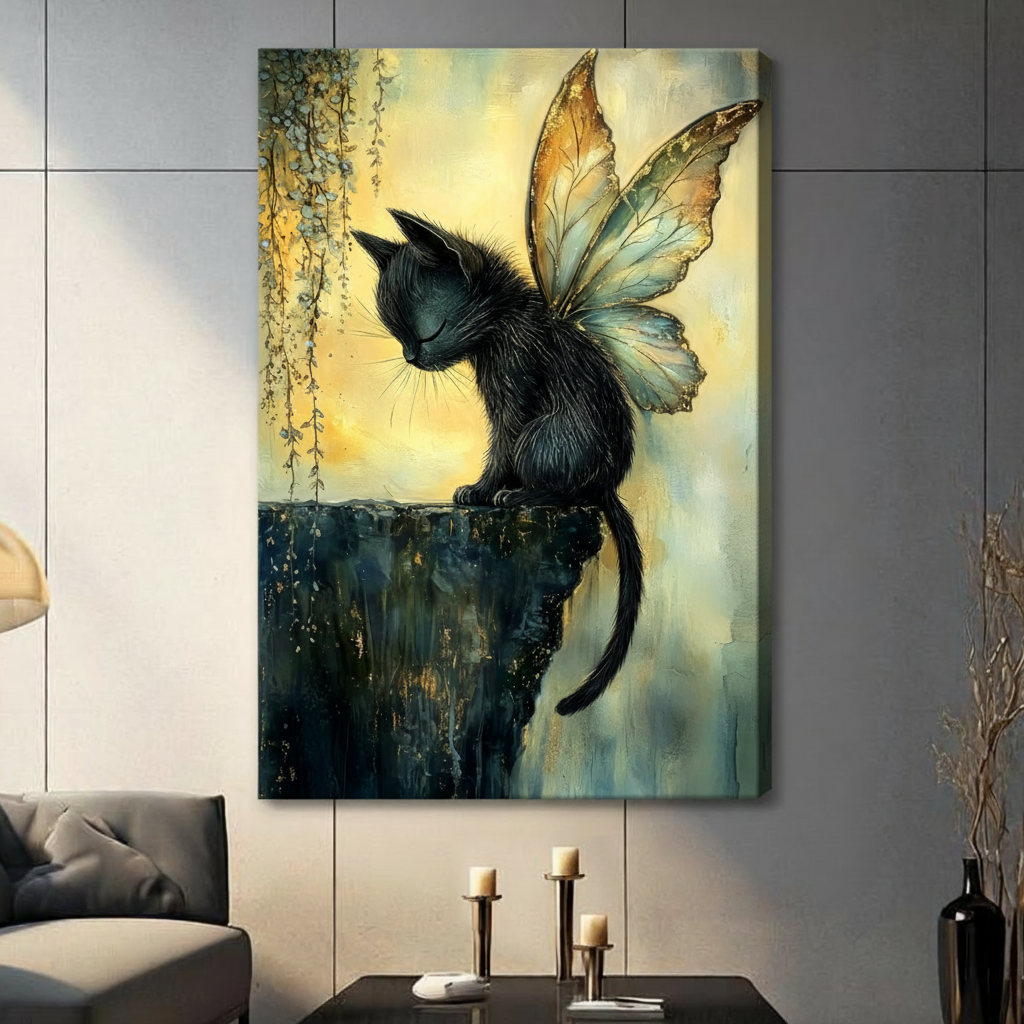 Whimsical fantasy watercolor oil painting of a slender black cat in three-quarter back view with fluffy dark fur slightly raised ears and delicate white whiskers sitting at the edge of a moss-covered dark stone wall sprouting large translucent butterfly wings with warm amber and brown-gold upper panels and sheer ice-blue lower panels with a gently curving black tail hanging down and cascading green vine leaves on the left against a dreamy golden cloud and soft teal mist background enchanting cat wall art st