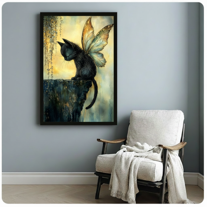 Whimsical fantasy watercolor oil painting of a sleek black cat seen from a three-quarter back angle with fine tousled fur half-closed eyes and delicate whiskers perched on a mossy aged stone ledge with a pair of translucent butterfly wings on its back featuring amber gold upper wings with golden vein details and icy blue-green lower wings beside trailing green vine tendrils against a soft golden haze and blue-gray mist background magical cat wall art framed print beside a white linen armchair on a blue-gray