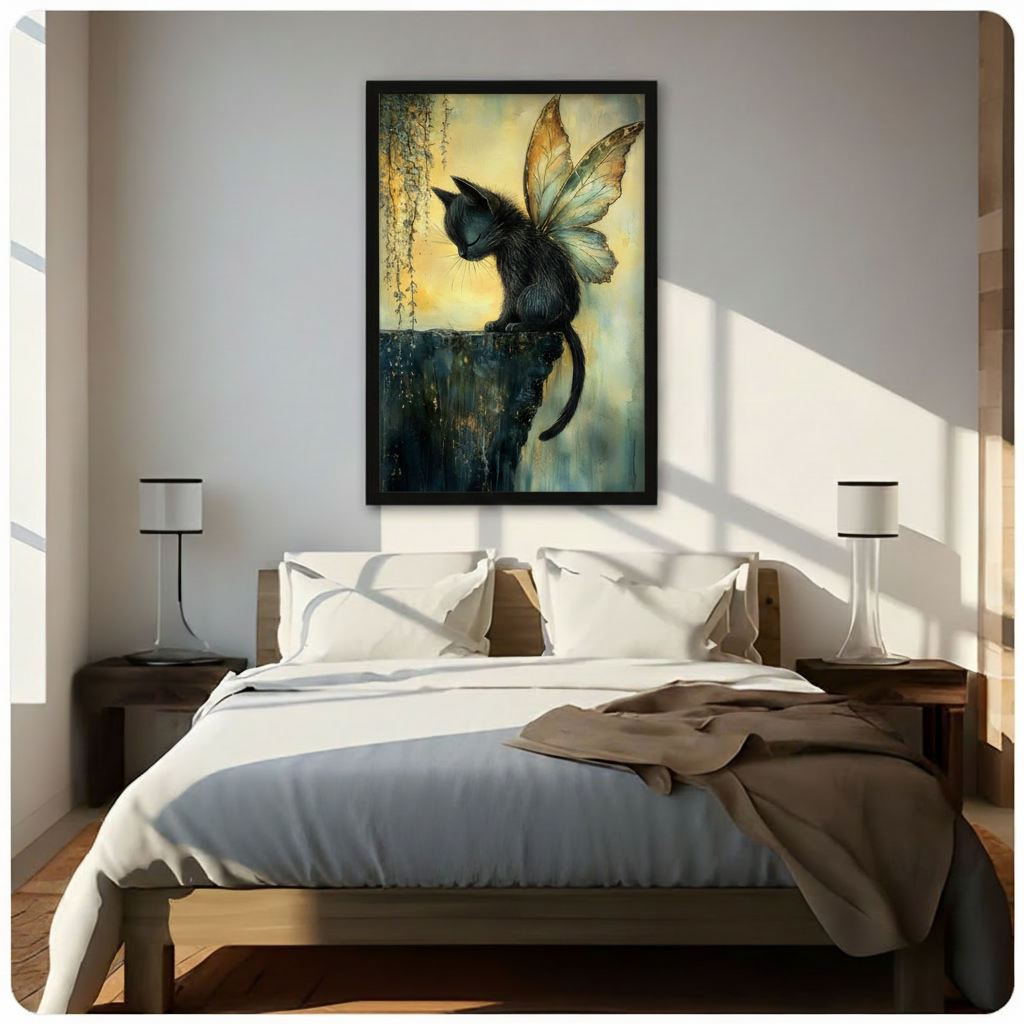 Whimsical fantasy watercolor oil painting of a graceful black cat seen from behind in a slight three-quarter turn with tousled glossy fur alert pointed ears and fine whiskers sitting on a mossy ancient stone ledge with translucent butterfly wings extended behind it upper wings in rich amber gold with detailed venation and lower wings in pale icy blue-green beside cascading small-leafed green vines against a warm golden mist and soft blue-gray atmospheric background magical fairy cat wall art framed print ab