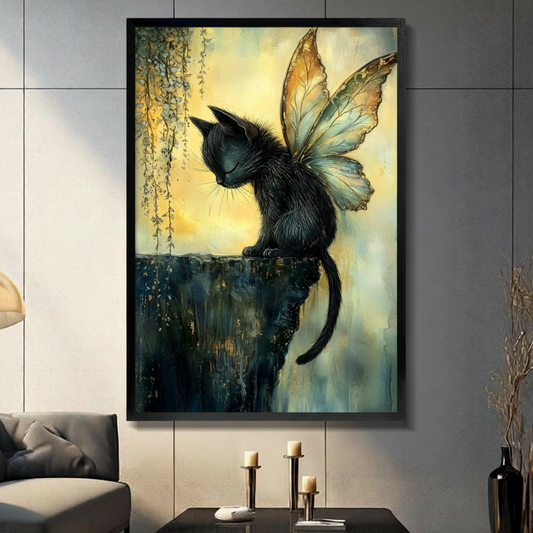 Whimsical fantasy watercolor oil painting of an elegant black cat from a three-quarter rear angle with dense fine dark fur semi-closed eyes and long white whiskers perched on a crumbling mossy stone wall with a pair of large translucent fairy butterfly wings sprouting from its back the top wings warm amber-gold with brown vein markings and the bottom wings translucent ice blue and sage green a long curved tail hanging over the edge with trailing green leafy vines on the left and a soft glowing golden and mi